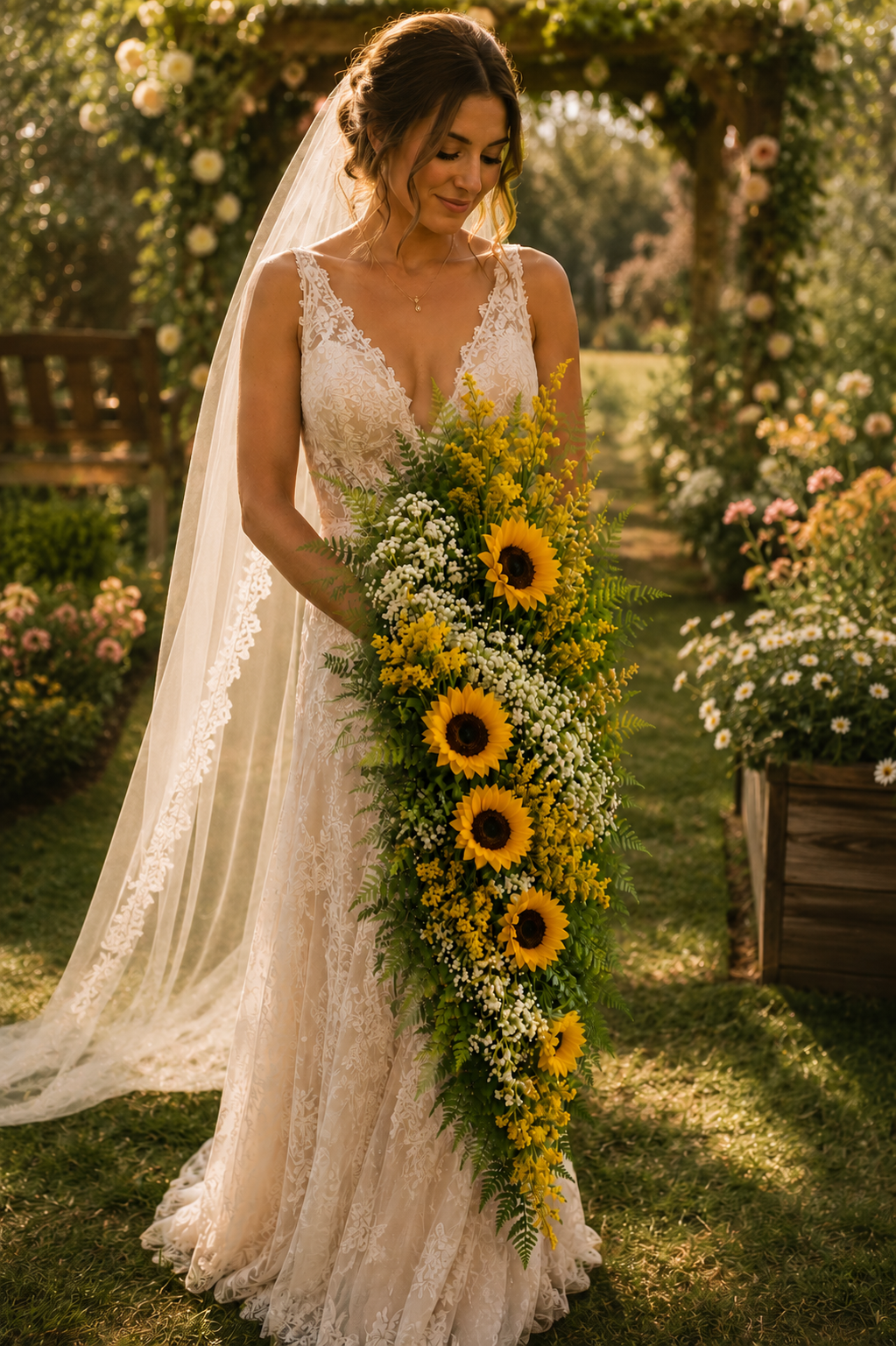 Sunflowers Bride Boho Cascading Spiral